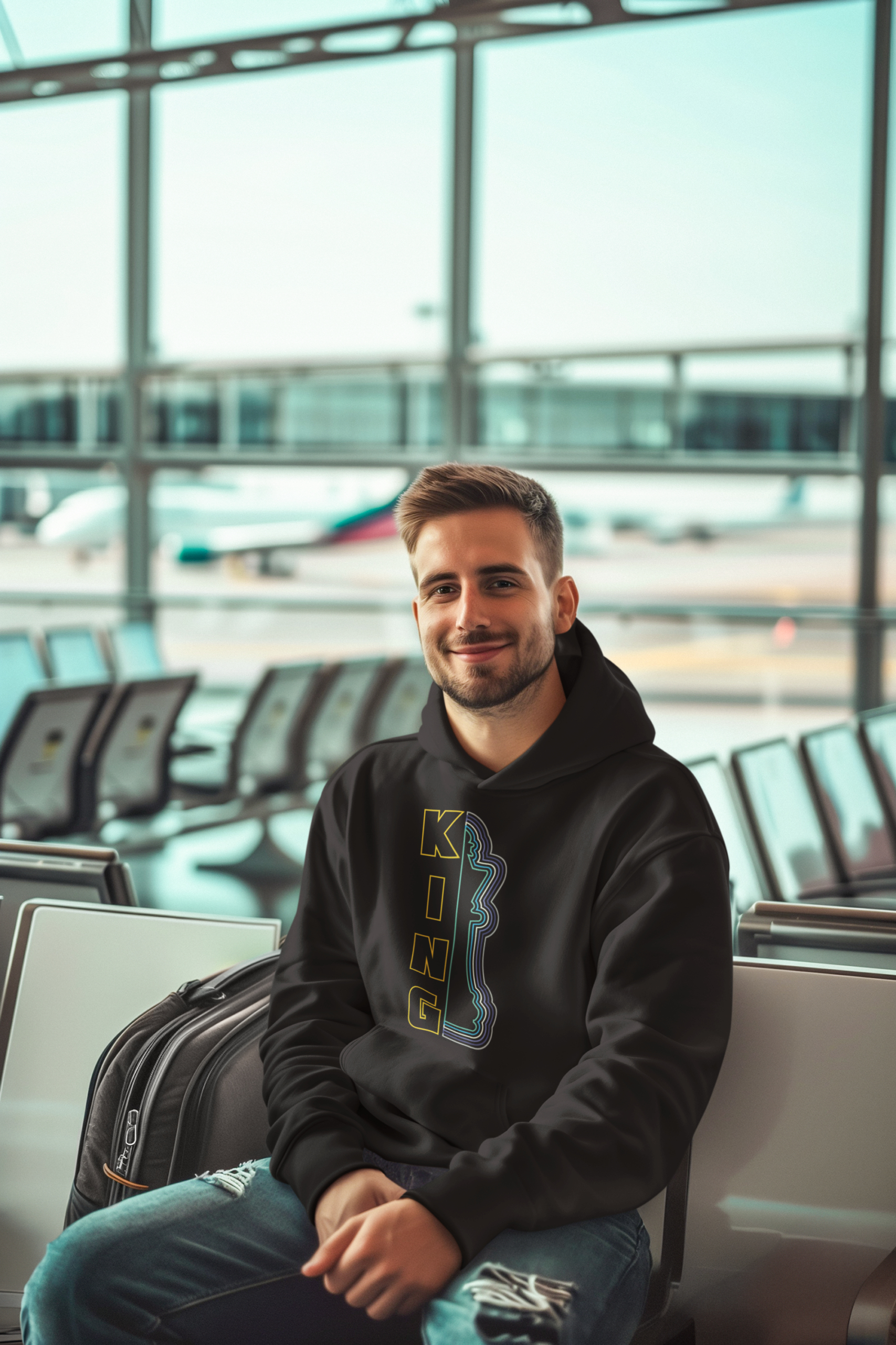 pullover-hoodie-mockup-of-a-smiling-man-waiting-at-an-airport-m40592 Chess King Erkek Hoodie - Görsel 1